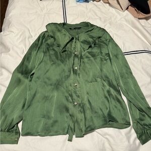 Zara Jewel Buttoned Satin Effect Blouse in green